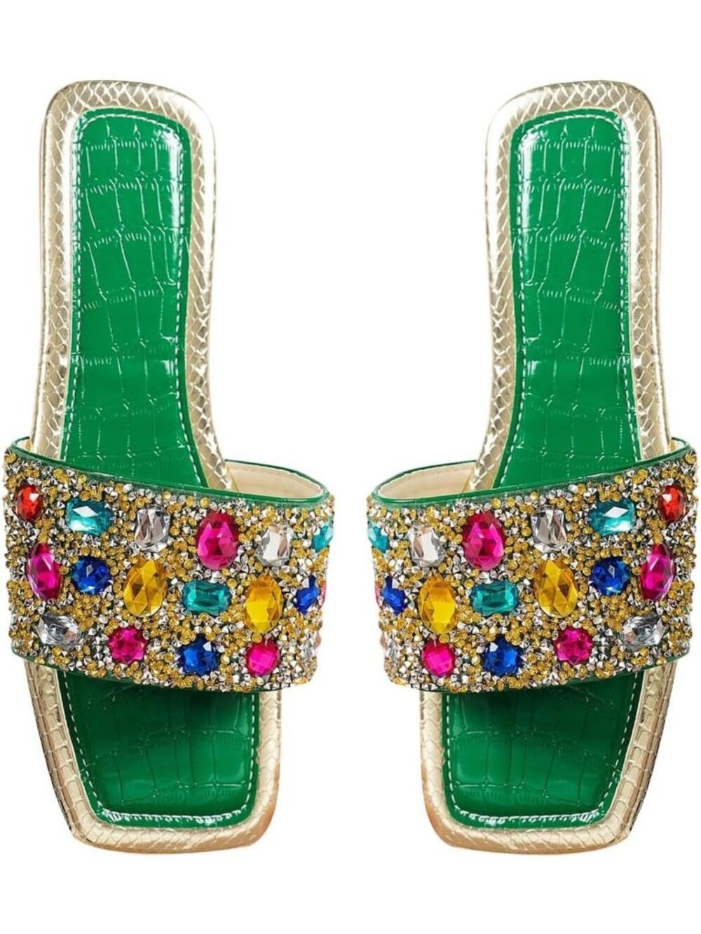 Women's Green Colorful Summer Sparkly Rhinestone Bling Colorful Square Toe Flats